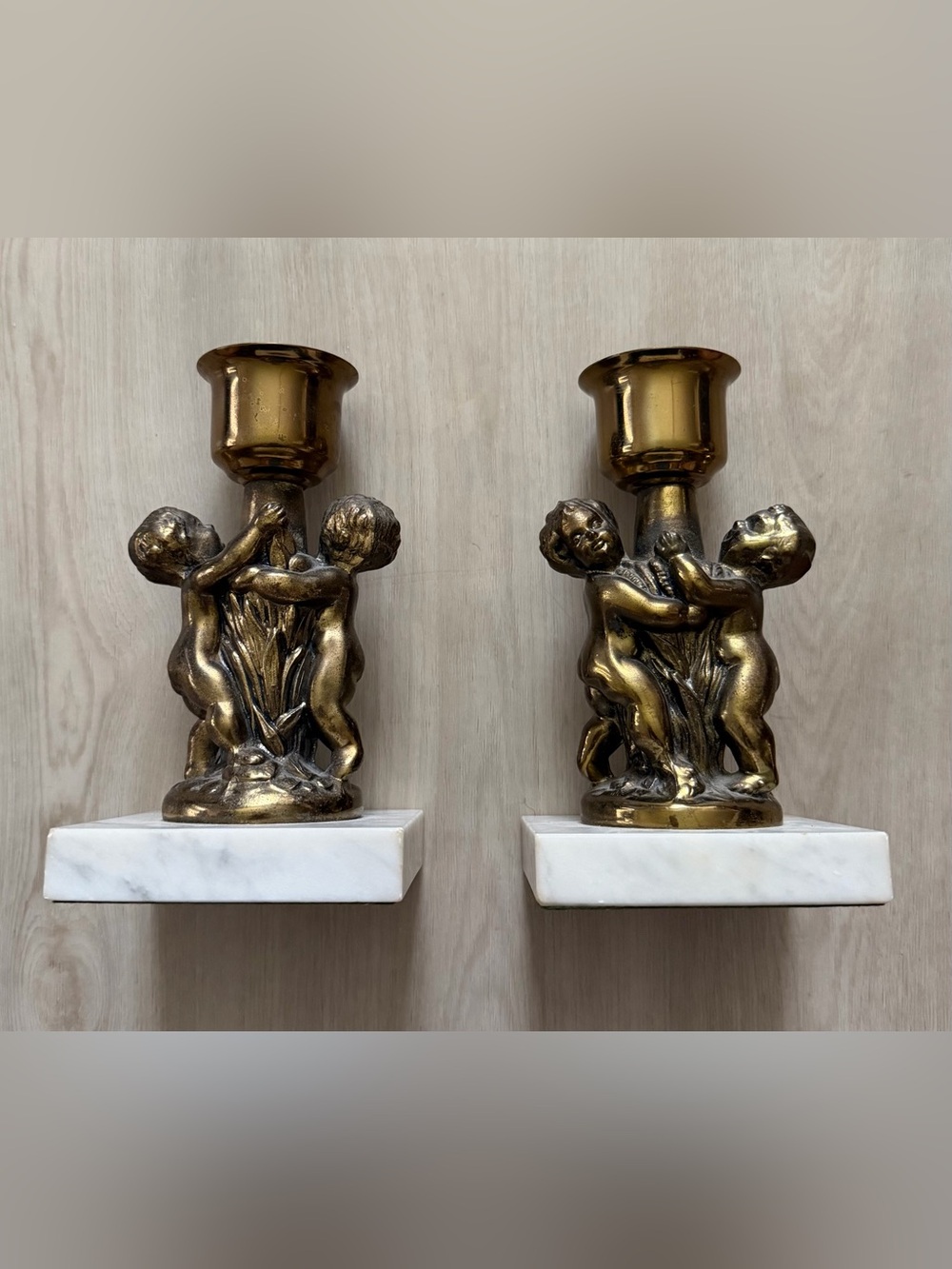 2 Cherub Gold Metal Candle Holder With Marble Base